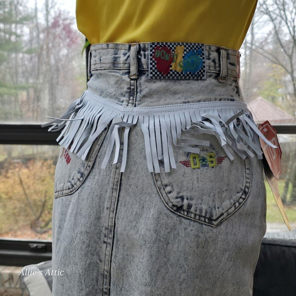 80s 90s Denim Jean Skirt Blue Acid Wash Mom High Waist Fringe Western 9/10 NOS - Picture 3 of 16